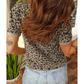 Vickie Khaki Textured Leopard Print Crew Neck Short Sleeve Top