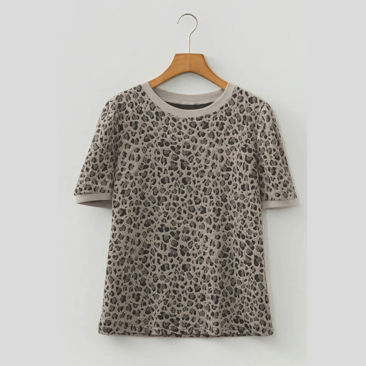 Vickie Khaki Textured Leopard Print Crew Neck Short Sleeve Top