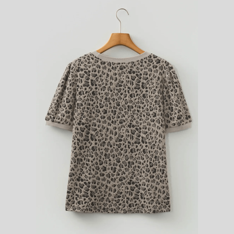 Vickie Khaki Textured Leopard Print Crew Neck Short Sleeve Top