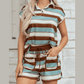 Wynonna Stripe Button Polo Collar Tee Drawstring Elastic Waist Patchwork 2pcs Short Set
