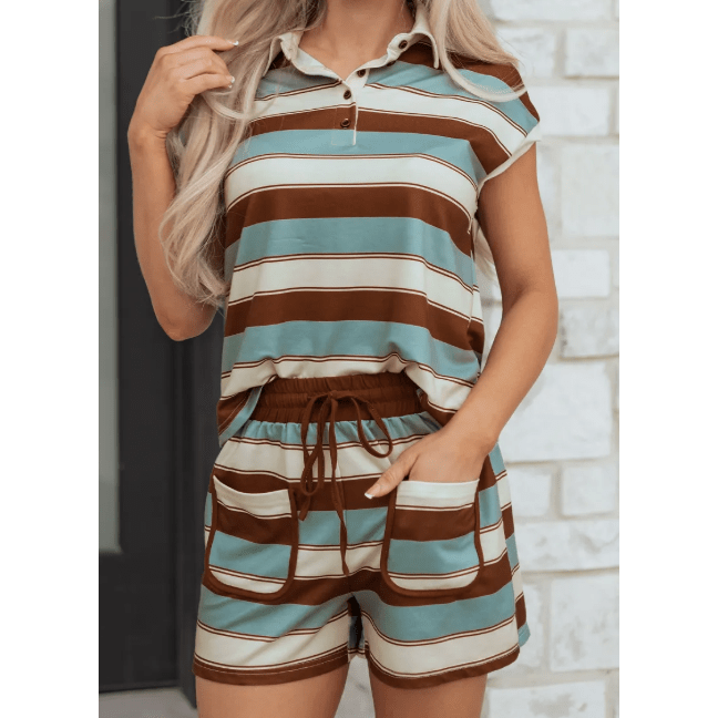 Wynonna Stripe Button Polo Collar Tee Drawstring Elastic Waist Patchwork 2pcs Short Set
