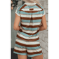 Wynonna Stripe Button Polo Collar Tee Drawstring Elastic Waist Patchwork 2pcs Short Set