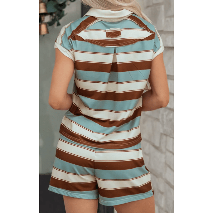 Wynonna Stripe Button Polo Collar Tee Drawstring Elastic Waist Patchwork 2pcs Short Set