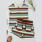 Wynonna Stripe Button Polo Collar Tee Drawstring Elastic Waist Patchwork 2pcs Short Set