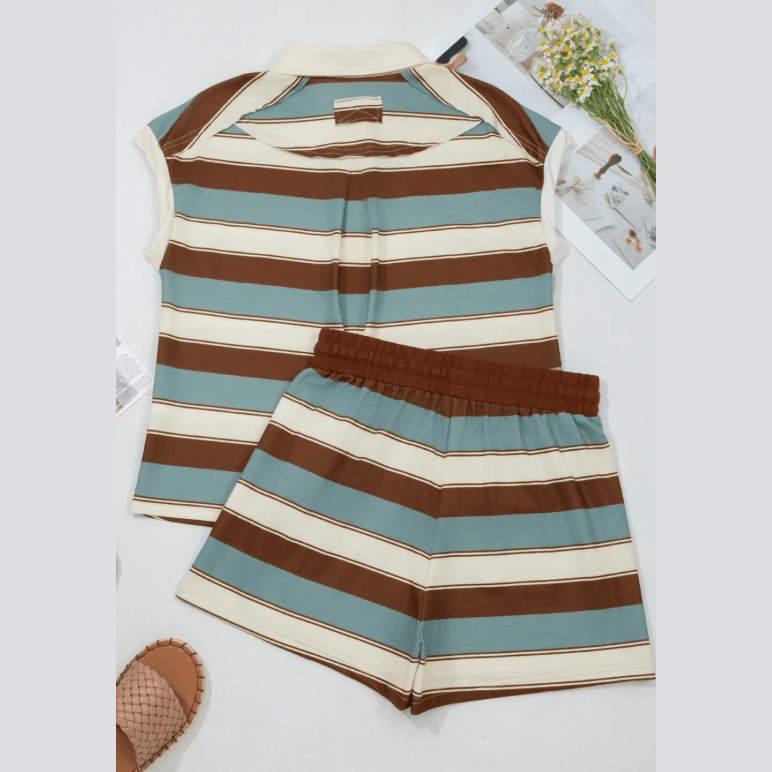Wynonna Stripe Button Polo Collar Tee Drawstring Elastic Waist Patchwork 2pcs Short Set
