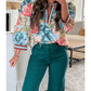 Londyn Contrast Trim V Neck Cuffed Bracelet Sleeve Floral Blouse