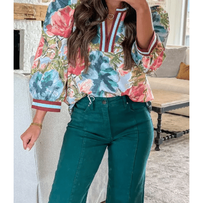 Londyn Contrast Trim V Neck Cuffed Bracelet Sleeve Floral Blouse