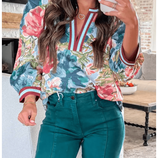 Londyn Contrast Trim V Neck Cuffed Bracelet Sleeve Floral Blouse