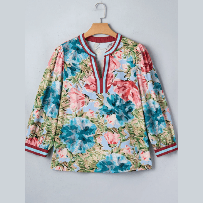 Londyn Contrast Trim V Neck Cuffed Bracelet Sleeve Floral Blouse