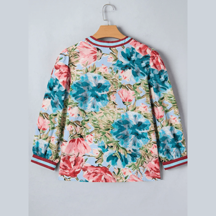 Londyn Contrast Trim V Neck Cuffed Bracelet Sleeve Floral Blouse