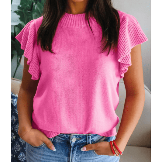 Carrison Pink Ribbed Trim Round Neck Ruffle Short Sleeve Sweater