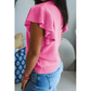Carrison Pink Ribbed Trim Round Neck Ruffle Short Sleeve Sweater