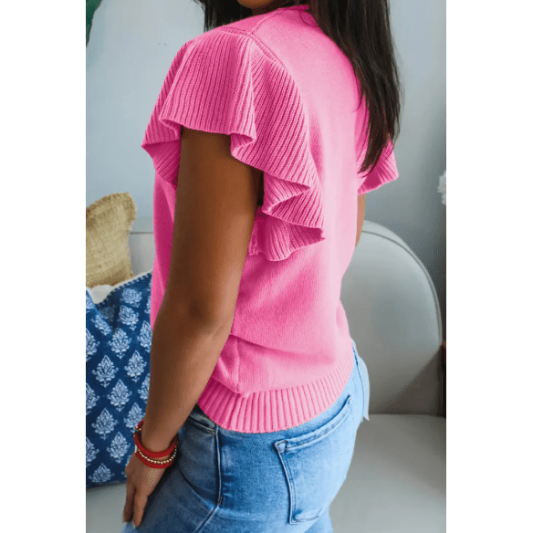 Carrison Pink Ribbed Trim Round Neck Ruffle Short Sleeve Sweater