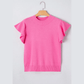Carrison Pink Ribbed Trim Round Neck Ruffle Short Sleeve Sweater