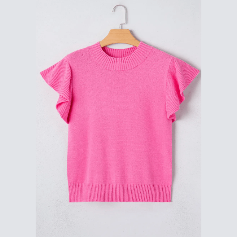 Carrison Pink Ribbed Trim Round Neck Ruffle Short Sleeve Sweater