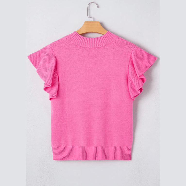 Carrison Pink Ribbed Trim Round Neck Ruffle Short Sleeve Sweater