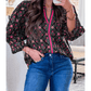 Maizy Black Contrast V Neckline Bracelet Sleeve Vintage Floral Blouse