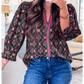 Maizy Black Contrast V Neckline Bracelet Sleeve Vintage Floral Blouse