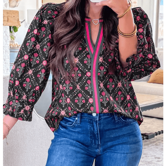 Maizy Black Contrast V Neckline Bracelet Sleeve Vintage Floral Blouse
