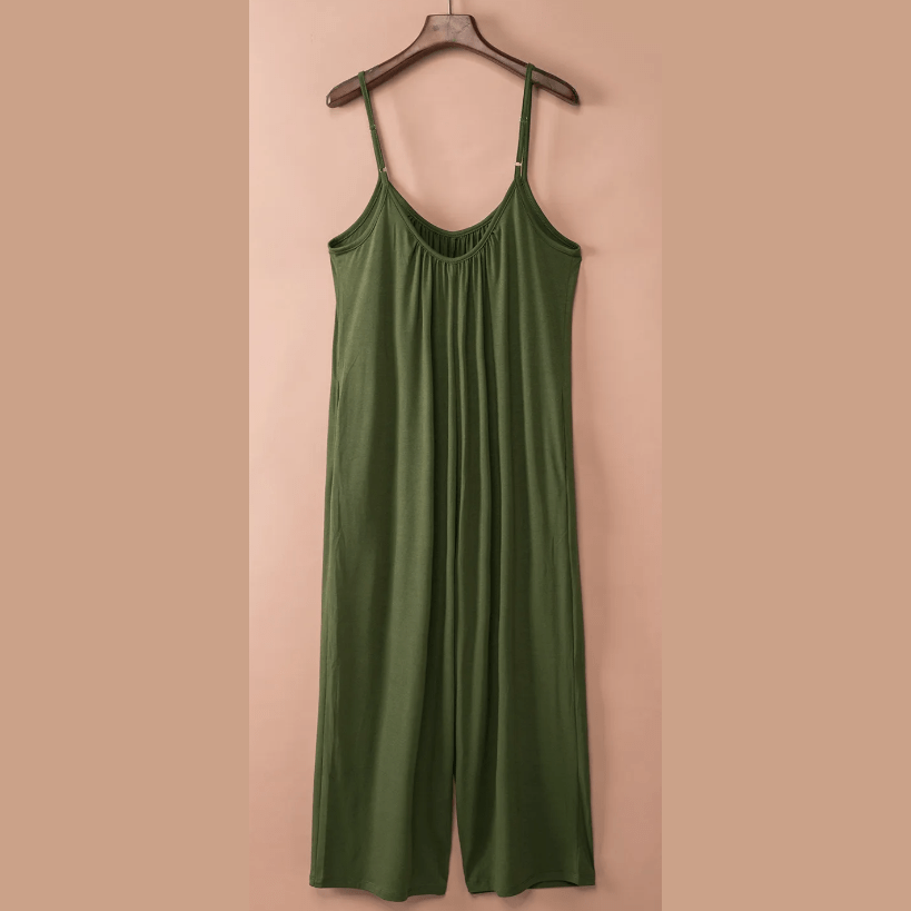 Laura Beth Green Spaghetti Straps Wide Leg Pocketed Jumpsuit