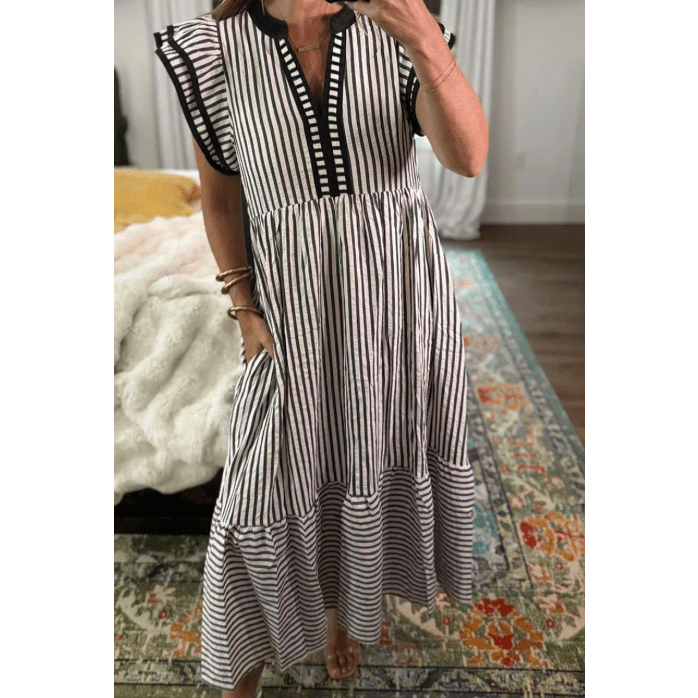 Sharletta Black Stripe Double Ruffled Short Sleeve Contrast Trim V Neck Midi Dress