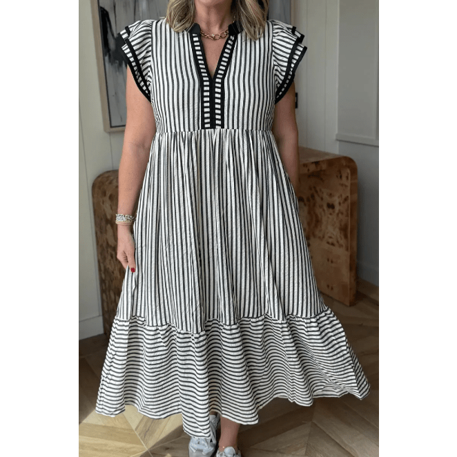 Sharletta Black Stripe Double Ruffled Short Sleeve Contrast Trim V Neck Midi Dress