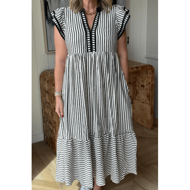 Sharletta Black Stripe Double Ruffled Short Sleeve Contrast Trim V Neck Midi Dress