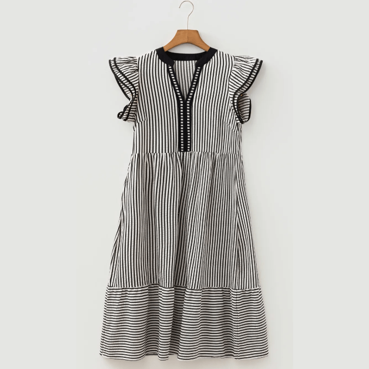Sharletta Black Stripe Double Ruffled Short Sleeve Contrast Trim V Neck Midi Dress