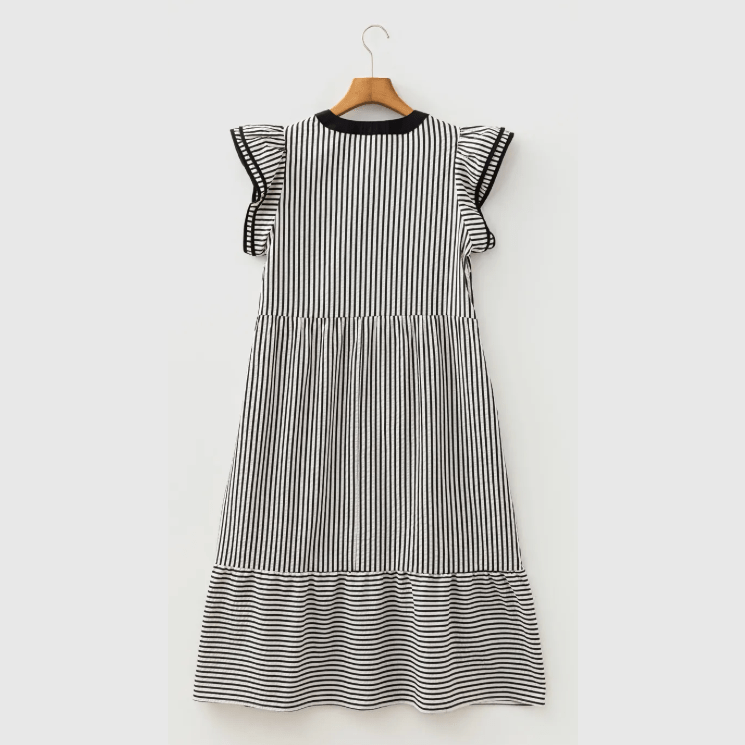 Sharletta Black Stripe Double Ruffled Short Sleeve Contrast Trim V Neck Midi Dress