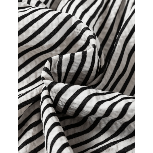 Sharletta Black Stripe Double Ruffled Short Sleeve Contrast Trim V Neck Midi Dress