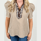 Chrishell Brown Stripe Ricrac Trim Short Puff Sleeve Leopard Patchwork Collar V Neck Blouse