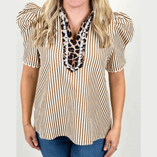 Chrishell Brown Stripe Ricrac Trim Short Puff Sleeve Leopard Patchwork Collar V Neck Blouse