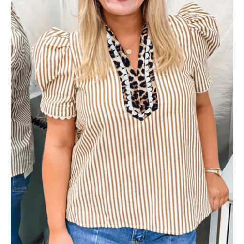 Chrishell Brown Stripe Ricrac Trim Short Puff Sleeve Leopard Patchwork Collar V Neck Blouse