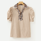Chrishell Brown Stripe Ricrac Trim Short Puff Sleeve Leopard Patchwork Collar V Neck Blouse