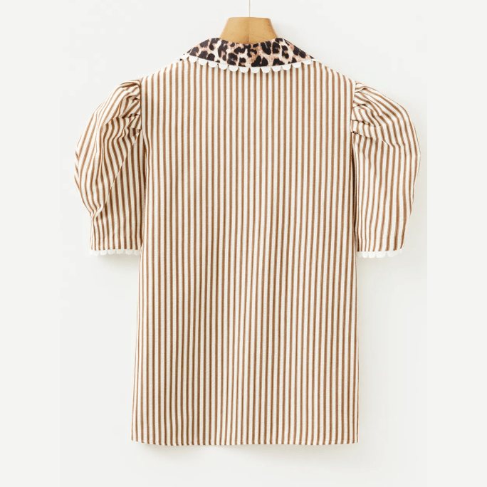 Chrishell Brown Stripe Ricrac Trim Short Puff Sleeve Leopard Patchwork Collar V Neck Blouse