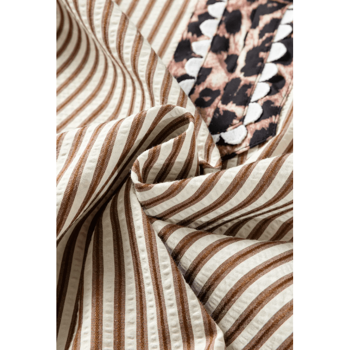 Chrishell Brown Stripe Ricrac Trim Short Puff Sleeve Leopard Patchwork Collar V Neck Blouse