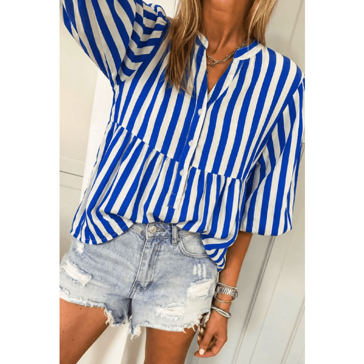 Jada Sky Blue Stripe Balloon Sleeve Loose Button up Shirt
