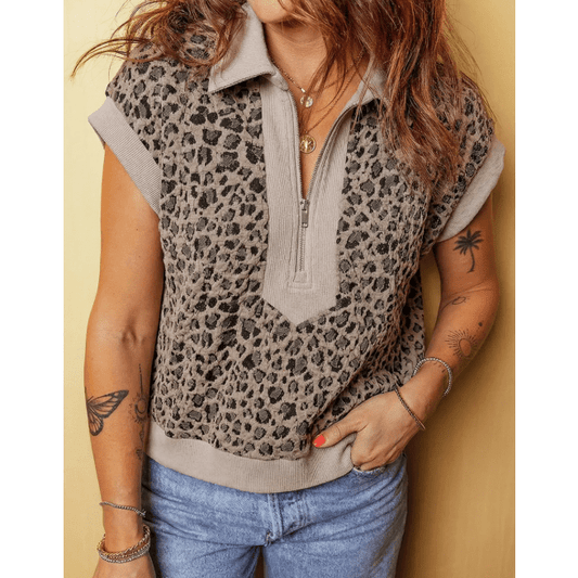 Kammi Zip up Collared Leopard Cap Sleeve Top
