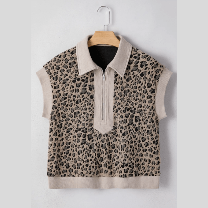 Kammi Zip up Collared Leopard Cap Sleeve Top