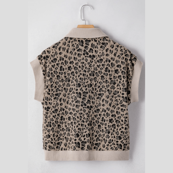 Kammi Zip up Collared Leopard Cap Sleeve Top