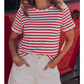 Meliza Red Stripe Scalloped Trim Round Neck T Shirt
