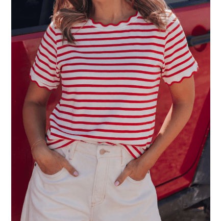 Meliza Red Stripe Scalloped Trim Round Neck T Shirt
