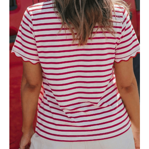 Meliza Red Stripe Scalloped Trim Round Neck T Shirt