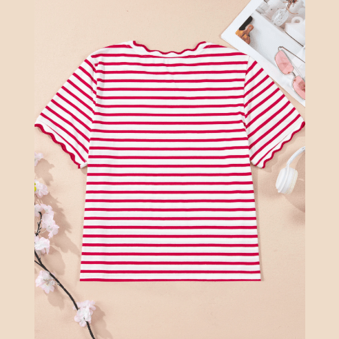 Meliza Red Stripe Scalloped Trim Round Neck T Shirt