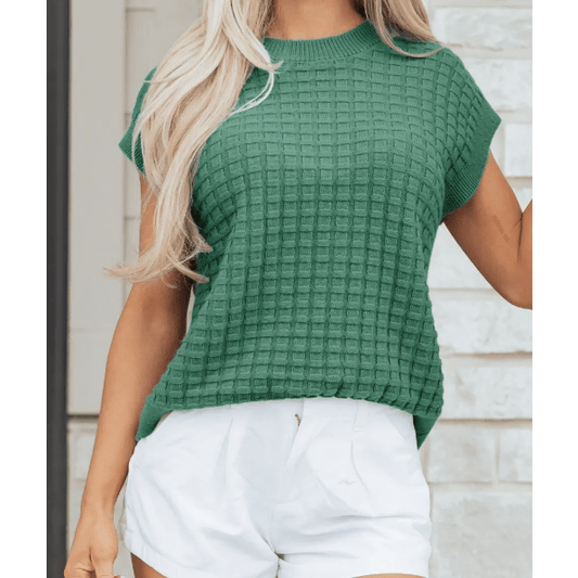 Audrey Mist Green Round Neck Textured Short Sleeve Sweater