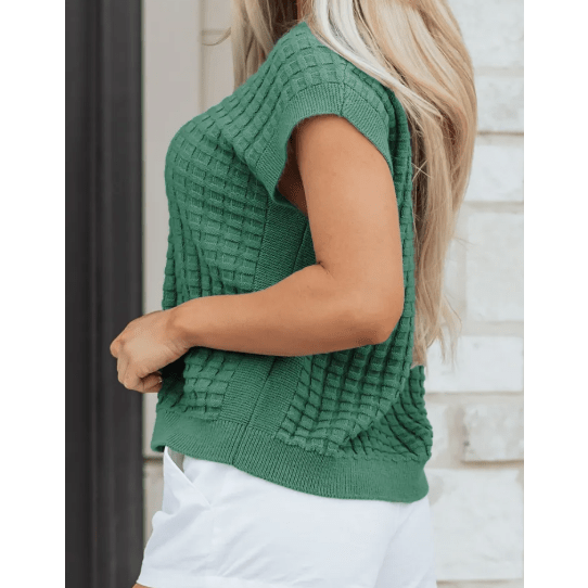 Audrey Mist Green Round Neck Textured Short Sleeve Sweater