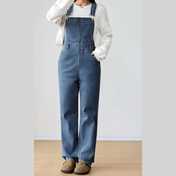 Coralynn Dark Blue Retro Bib Pocket Buckle Straps Casual Denim Jumpsuit