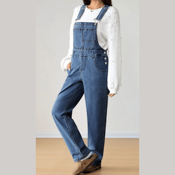Coralynn Dark Blue Retro Bib Pocket Buckle Straps Casual Denim Jumpsuit