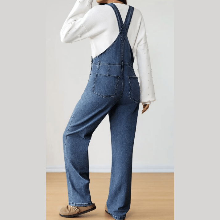 Coralynn Dark Blue Retro Bib Pocket Buckle Straps Casual Denim Jumpsuit