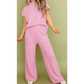Miranda Pink Textured Knit High Neck Loose Tee Elastic Waist Loose Pant Set